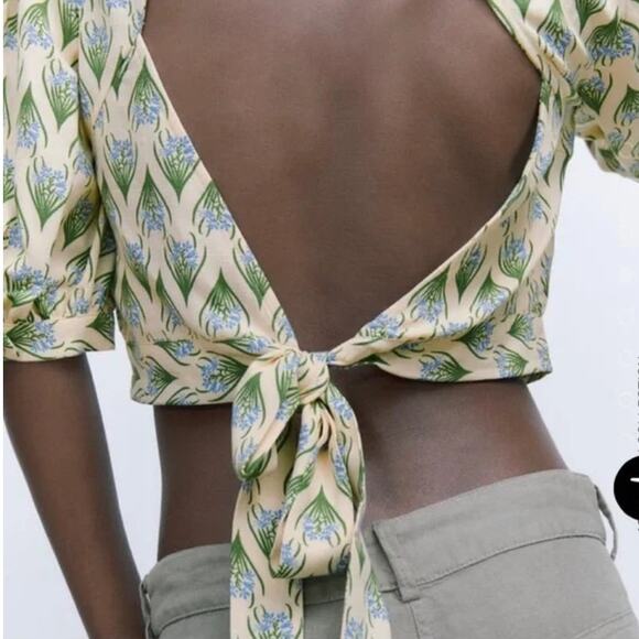 Zara Open Back Crop Top Small Floral Puff Sleeves Cottage Boho Preppy Vacation - Picture 8 of 15